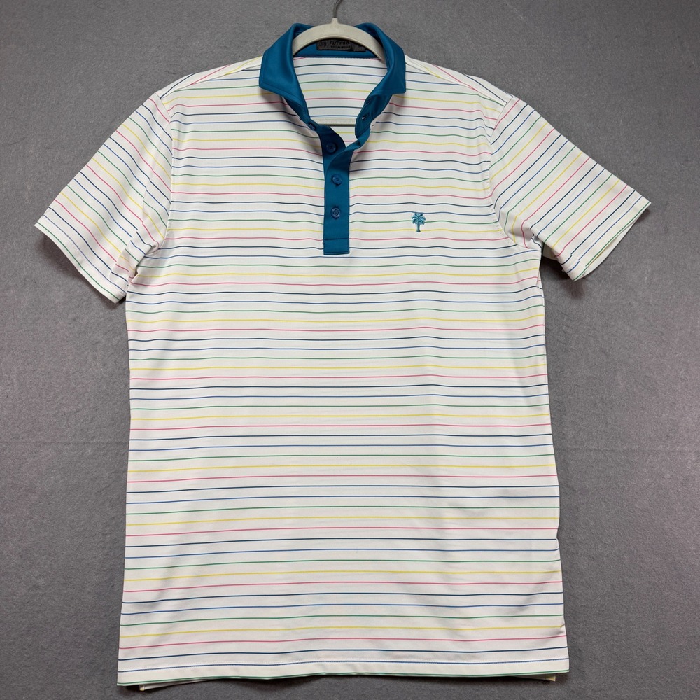G/FORE Mens Stripe Performance Polo Shirt White Multi Color Palm Tree Size M